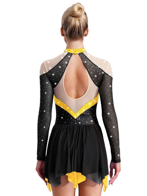Women Long Sleeve Sparkle Rhinestones Asymmetrical Dress for Figure Skating thumb