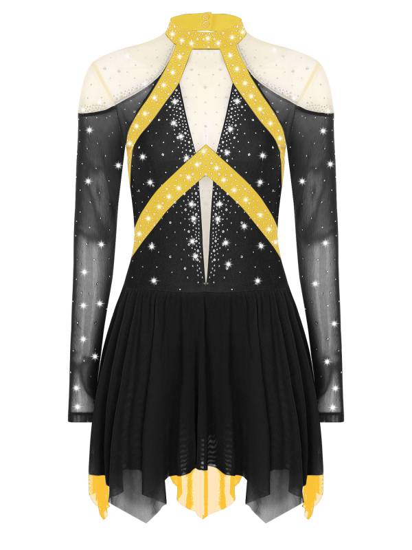 Women Long Sleeve Sparkle Rhinestones Asymmetrical Dress for Figure Skating thumb