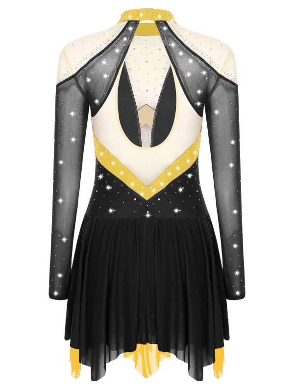 Women Long Sleeve Sparkle Rhinestones Asymmetrical Dress for Figure Skating thumb
