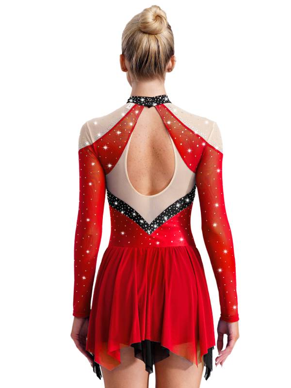 Women Long Sleeve Sparkle Rhinestones Asymmetrical Dress for Figure Skating thumb