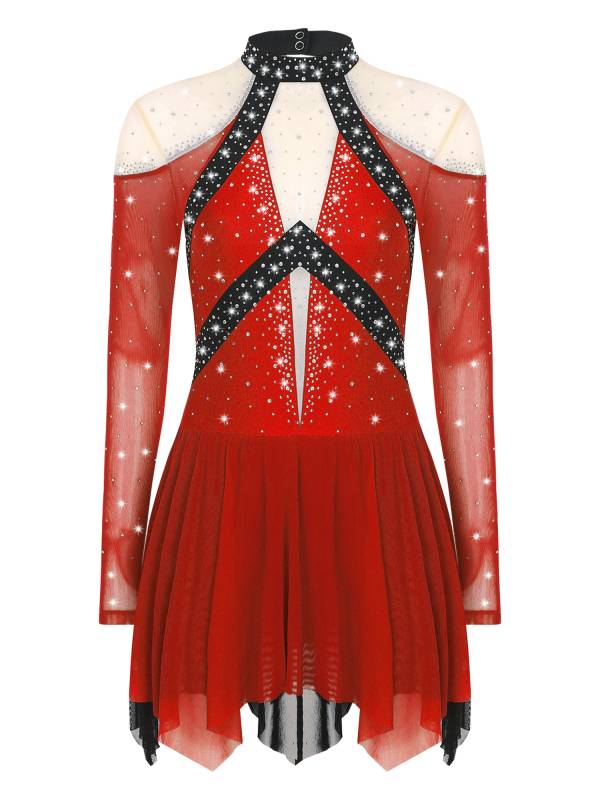 Women Long Sleeve Sparkle Rhinestones Asymmetrical Dress for Figure Skating thumb