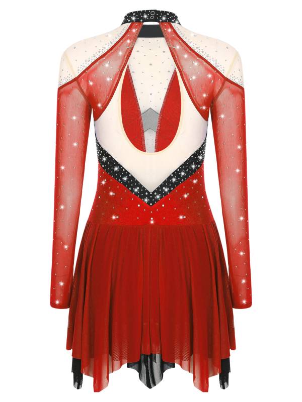 Women Long Sleeve Sparkle Rhinestones Asymmetrical Dress for Figure Skating thumb