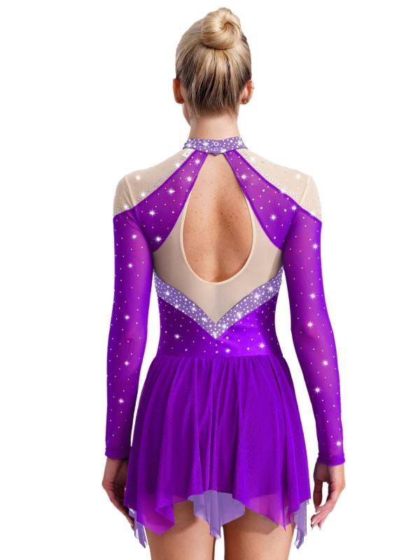 Women Long Sleeve Sparkle Rhinestones Asymmetrical Dress for Figure Skating thumb