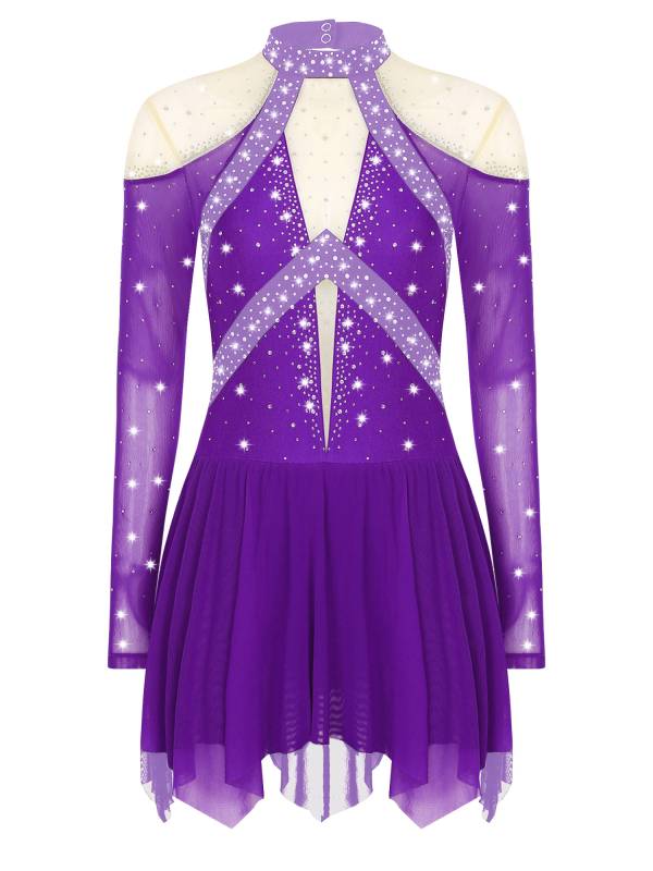 Women Long Sleeve Sparkle Rhinestones Asymmetrical Dress for Figure Skating thumb