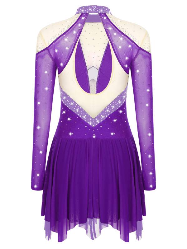 Women Long Sleeve Sparkle Rhinestones Asymmetrical Dress for Figure Skating thumb