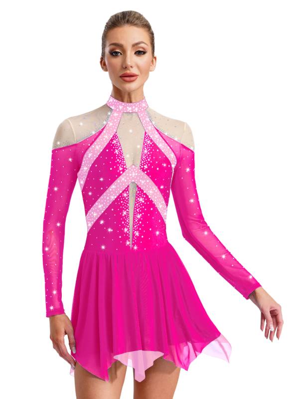 Women Long Sleeve Sparkle Rhinestones Asymmetrical Dress for Figure Skating thumb