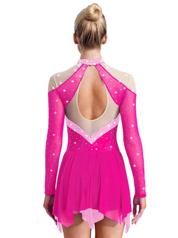 Women Long Sleeve Sparkle Rhinestones Asymmetrical Dress for Figure Skating thumb