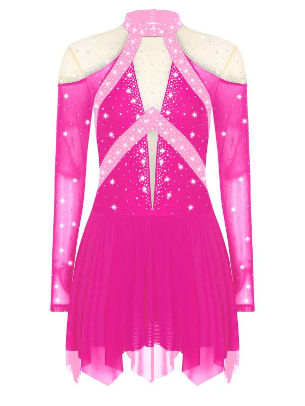 Women Long Sleeve Sparkle Rhinestones Asymmetrical Dress for Figure Skating thumb