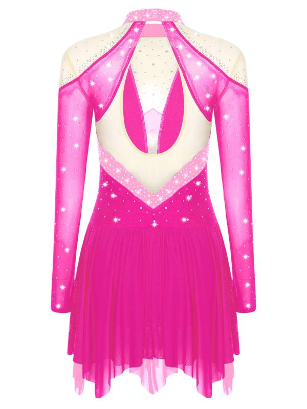 Women Long Sleeve Sparkle Rhinestones Asymmetrical Dress for Figure Skating thumb