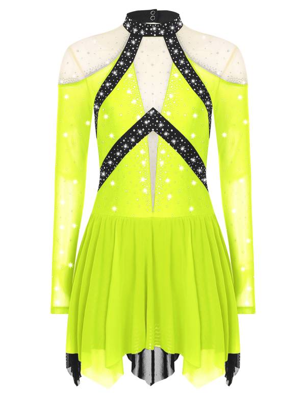 Women Long Sleeve Sparkle Rhinestones Asymmetrical Dress for Figure Skating thumb