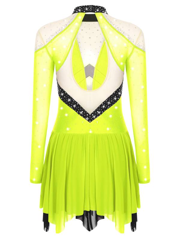 Women Long Sleeve Sparkle Rhinestones Asymmetrical Dress for Figure Skating thumb