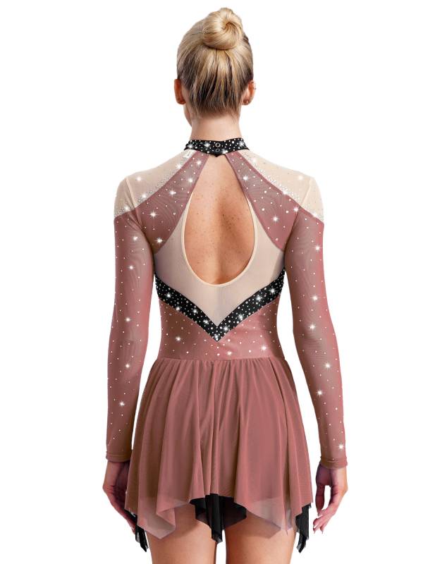 Women Long Sleeve Sparkle Rhinestones Asymmetrical Dress for Figure Skating thumb