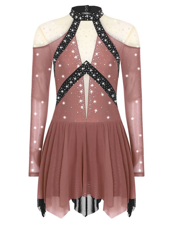 Women Long Sleeve Sparkle Rhinestones Asymmetrical Dress for Figure Skating thumb