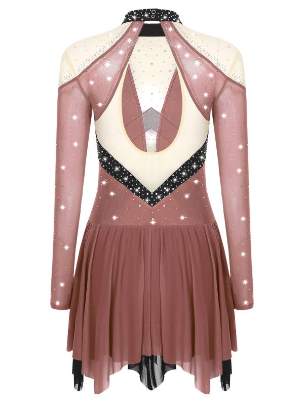 Women Long Sleeve Sparkle Rhinestones Asymmetrical Dress for Figure Skating thumb