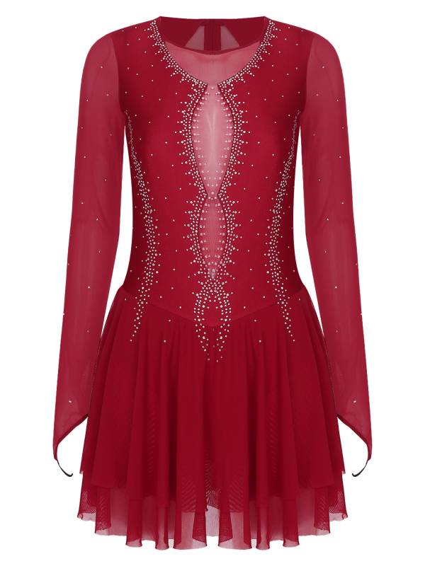 Women Long Sleeve Sheer Mesh Rhinestones Figure Skating Leotard Dress thumb