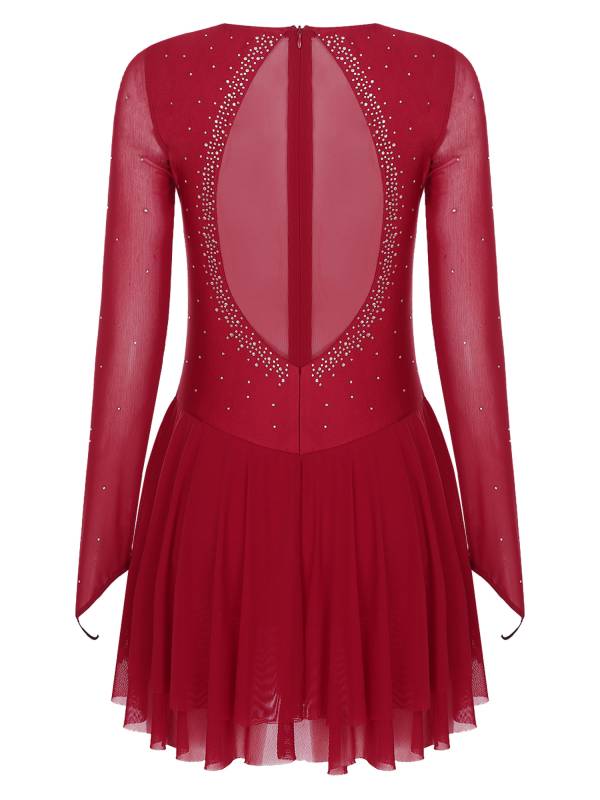 Women Long Sleeve Sheer Mesh Rhinestones Figure Skating Leotard Dress thumb
