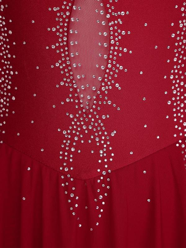 Women Long Sleeve Sheer Mesh Rhinestones Figure Skating Leotard Dress thumb