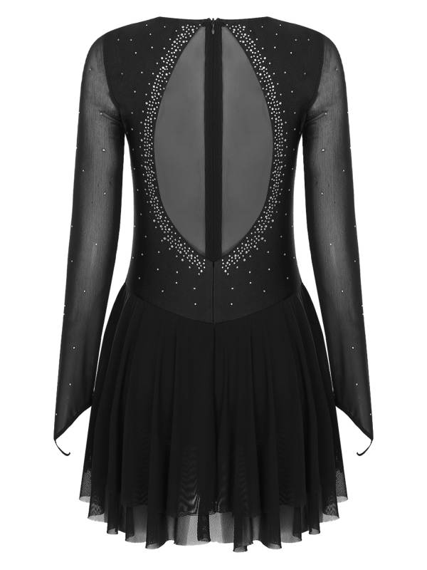 Women Long Sleeve Sheer Mesh Rhinestones Figure Skating Leotard Dress thumb