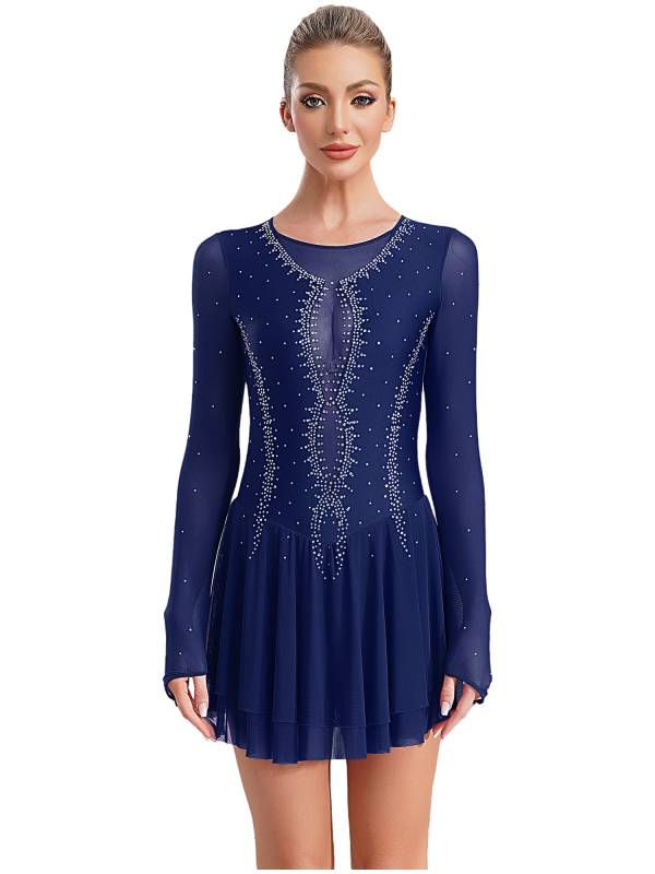 Women Long Sleeve Sheer Mesh Rhinestones Figure Skating Leotard Dress thumb