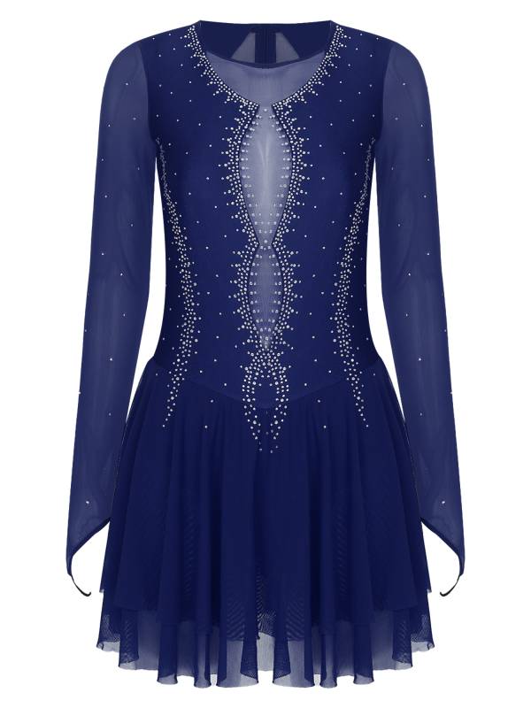 Women Long Sleeve Sheer Mesh Rhinestones Figure Skating Leotard Dress thumb