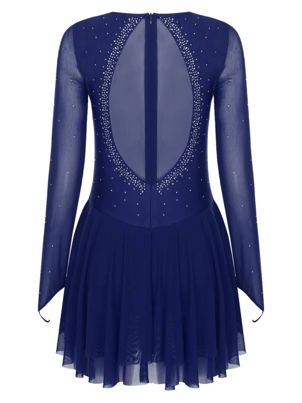 Women Long Sleeve Sheer Mesh Rhinestones Figure Skating Leotard Dress thumb