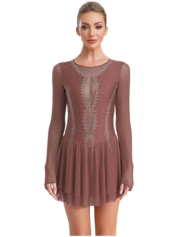 Women Long Sleeve Sheer Mesh Rhinestones Figure Skating Leotard Dress thumb
