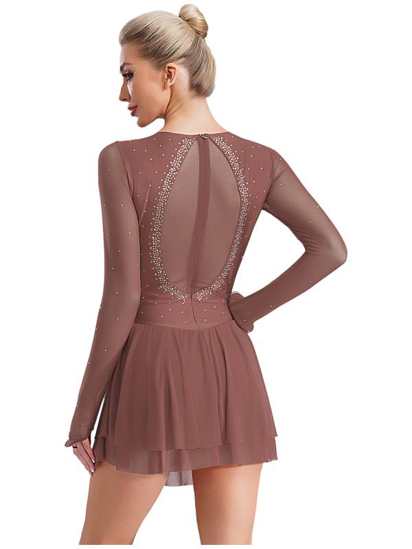Women Long Sleeve Sheer Mesh Rhinestones Figure Skating Leotard Dress thumb