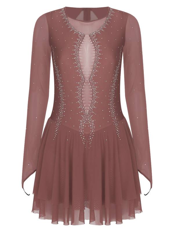 Women Long Sleeve Sheer Mesh Rhinestones Figure Skating Leotard Dress thumb