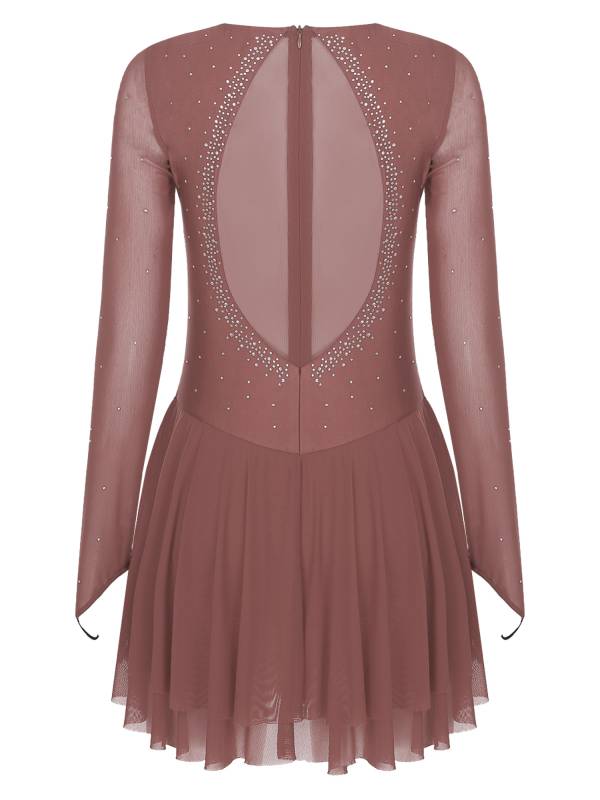 Women Long Sleeve Sheer Mesh Rhinestones Figure Skating Leotard Dress thumb