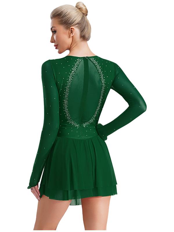 Women Long Sleeve Sheer Mesh Rhinestones Figure Skating Leotard Dress thumb