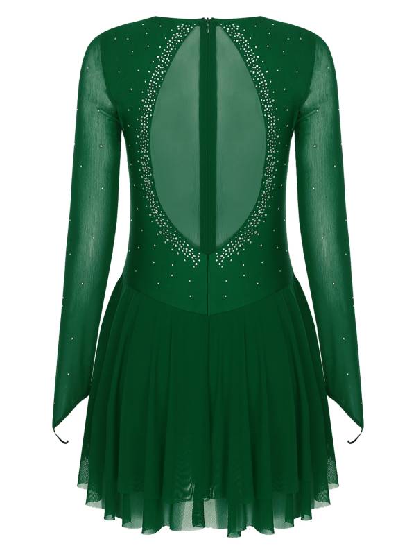 Women Long Sleeve Sheer Mesh Rhinestones Figure Skating Leotard Dress thumb