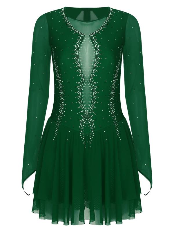 Women Long Sleeve Sheer Mesh Rhinestones Figure Skating Leotard Dress thumb
