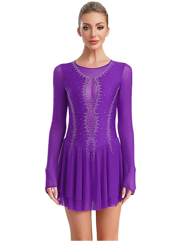 Women Long Sleeve Sheer Mesh Rhinestones Figure Skating Leotard Dress thumb