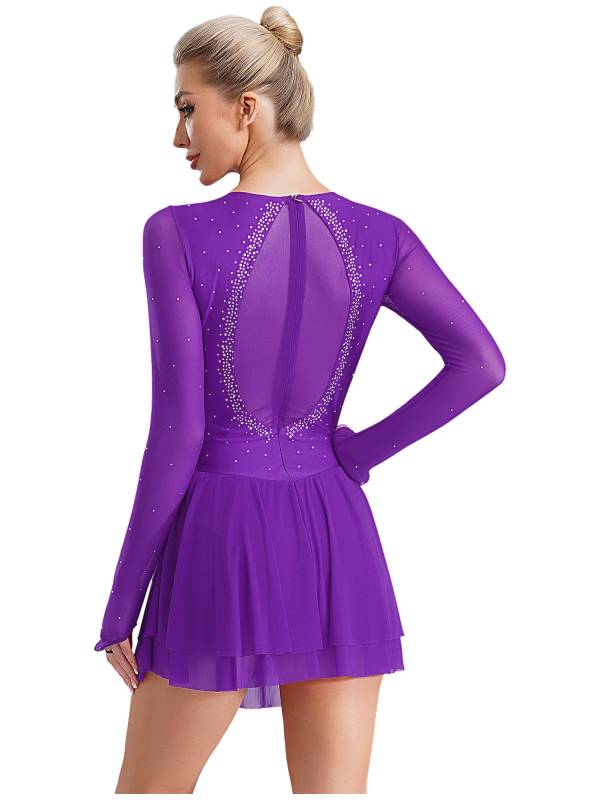 Women Long Sleeve Sheer Mesh Rhinestones Figure Skating Leotard Dress thumb
