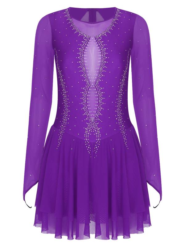 Women Long Sleeve Sheer Mesh Rhinestones Figure Skating Leotard Dress thumb