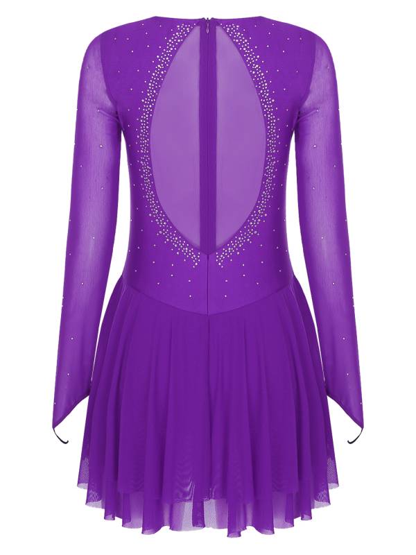 Women Long Sleeve Sheer Mesh Rhinestones Figure Skating Leotard Dress thumb