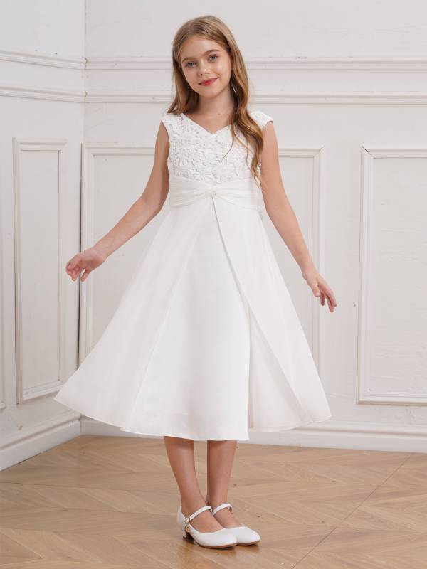 Girls V-neck Sleeveless Bowknot Floral Embroidery Calf Length Dress for Prom thumb