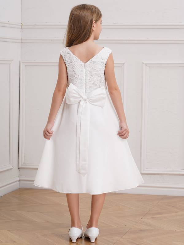 Girls V-neck Sleeveless Bowknot Floral Embroidery Calf Length Dress for Prom thumb