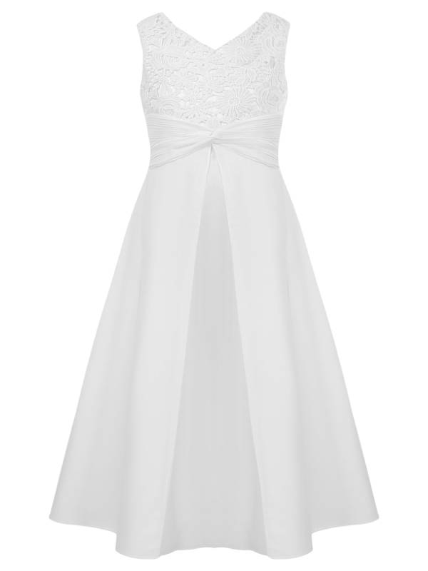 Girls V-neck Sleeveless Bowknot Floral Embroidery Calf Length Dress for Prom thumb
