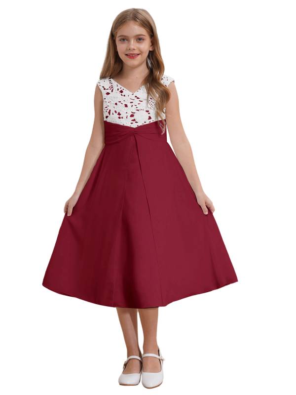 Girls V-neck Sleeveless Bowknot Floral Embroidery Calf Length Dress for Prom thumb