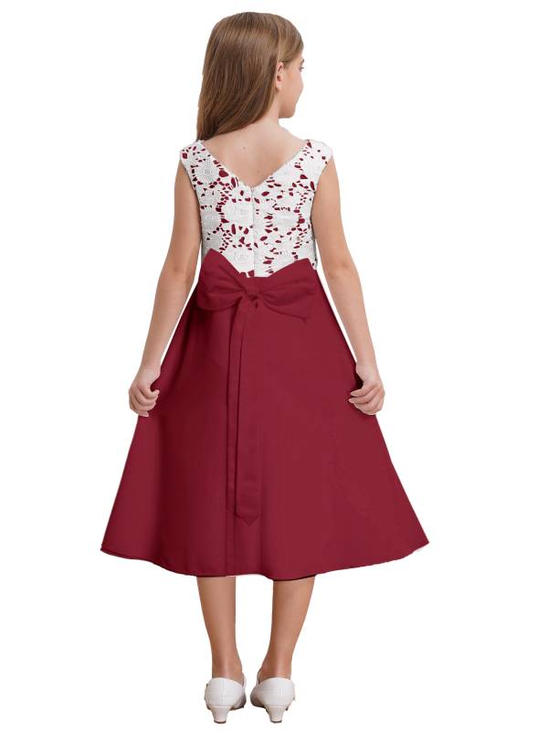 Girls V-neck Sleeveless Bowknot Floral Embroidery Calf Length Dress for Prom thumb