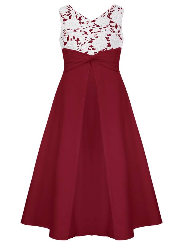 Girls V-neck Sleeveless Bowknot Floral Embroidery Calf Length Dress for Prom thumb