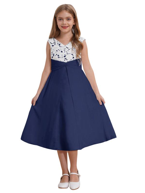 Girls V-neck Sleeveless Bowknot Floral Embroidery Calf Length Dress for Prom thumb