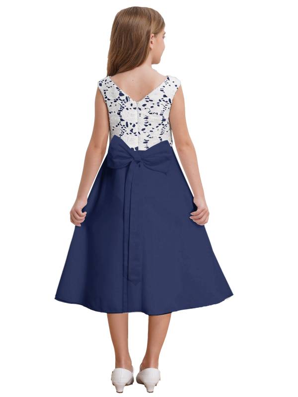 Girls V-neck Sleeveless Bowknot Floral Embroidery Calf Length Dress for Prom thumb