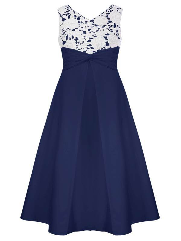 Girls V-neck Sleeveless Bowknot Floral Embroidery Calf Length Dress for Prom thumb