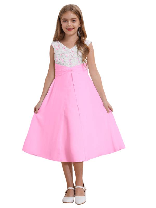 Girls V-neck Sleeveless Bowknot Floral Embroidery Calf Length Dress for Prom thumb