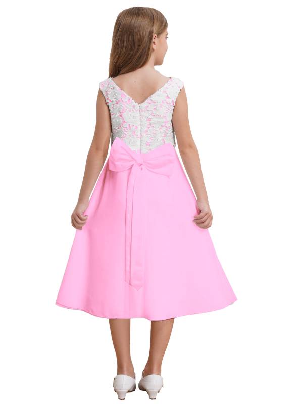 Girls V-neck Sleeveless Bowknot Floral Embroidery Calf Length Dress for Prom thumb