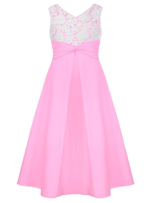 Girls V-neck Sleeveless Bowknot Floral Embroidery Calf Length Dress for Prom thumb