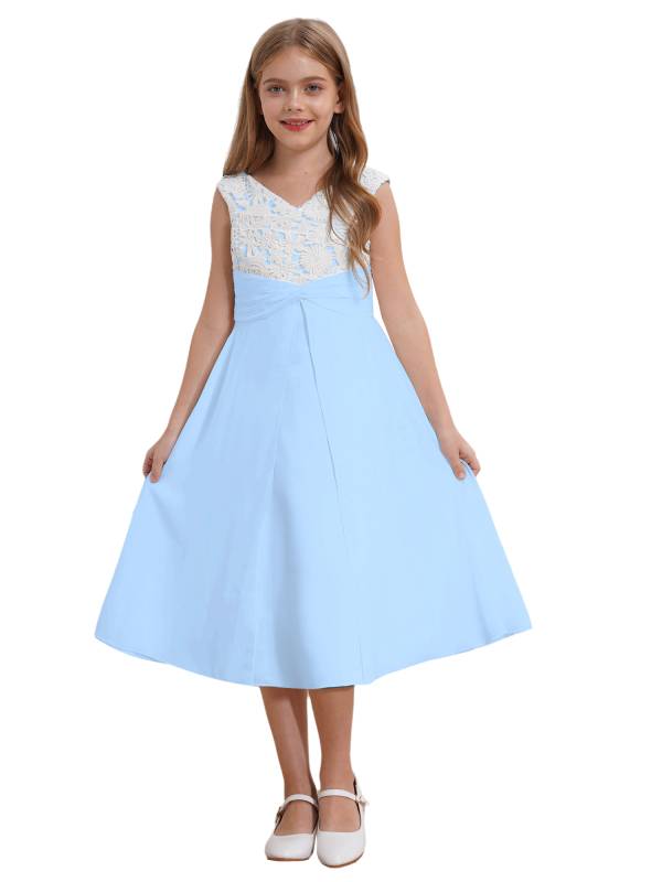 Girls V-neck Sleeveless Bowknot Floral Embroidery Calf Length Dress for Prom thumb