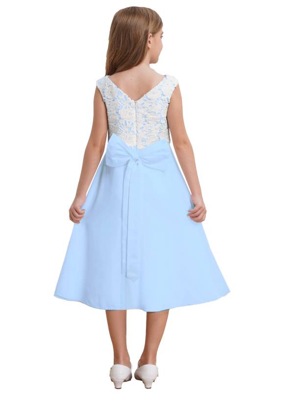 Girls V-neck Sleeveless Bowknot Floral Embroidery Calf Length Dress for Prom thumb